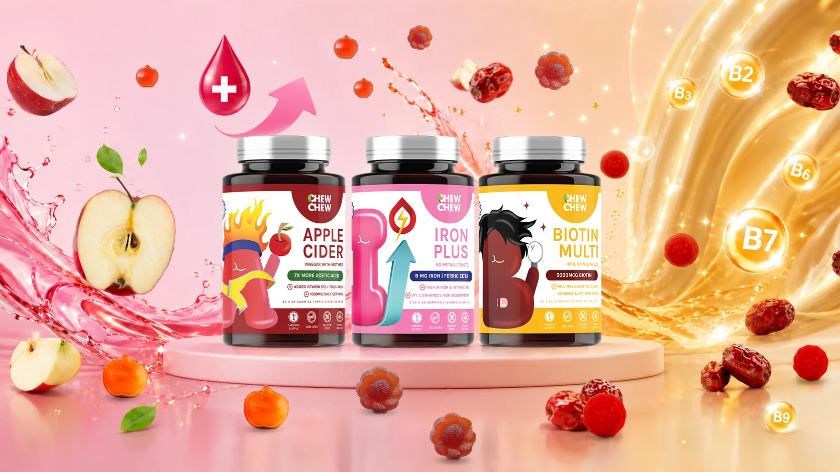 The full Chew Chew range - Apple Cider, Iron Plus and Biotin Multi gummy bottles